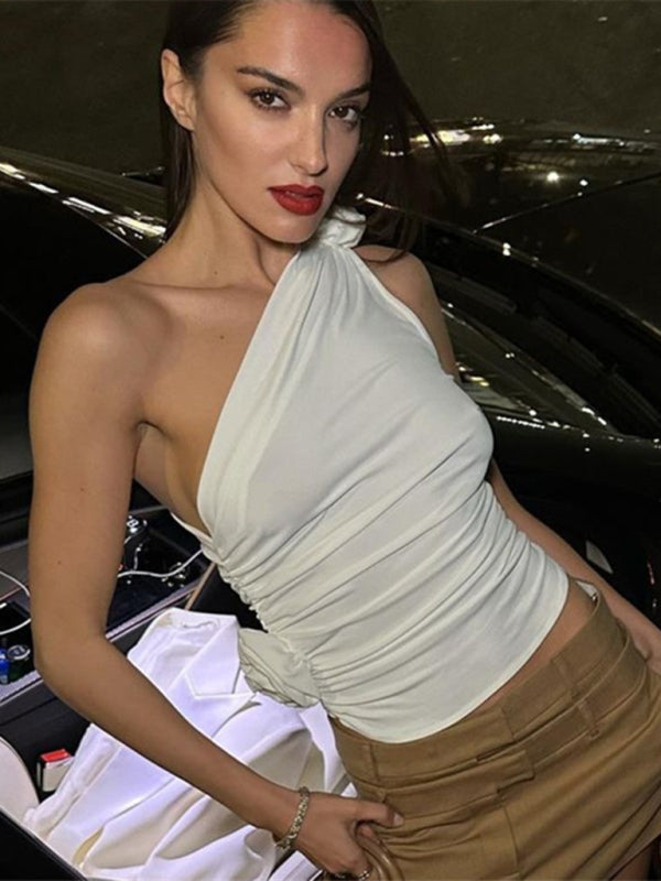 Sexy Spice Girl Slanted Shoulder Fold Drawstring Waist Slim Tank Top - White / S