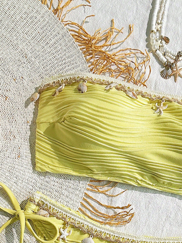 Yellow pleated bikini with seashell trim showcasing high elasticity in the Sexy Starfish Shell Tassel Swimsuit Bikini