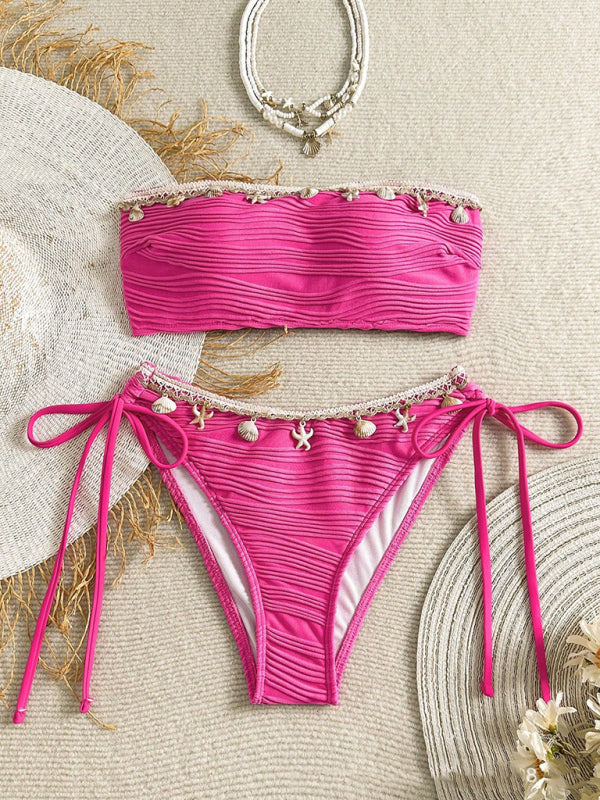 Pink strapless bikini with seashell trim from Sexy Starfish Shell Tassel Swimsuit Bikini showcasing high elasticity
