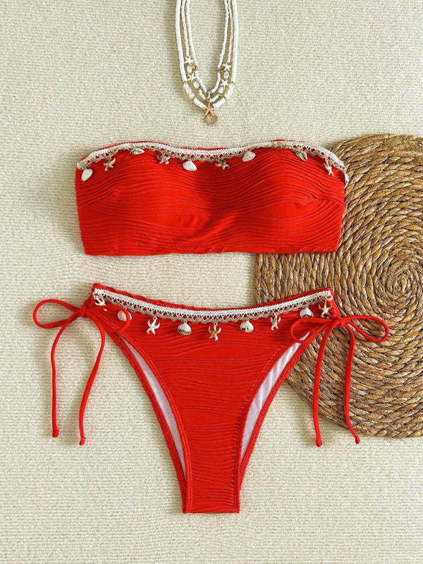 Red strapless bikini with seashell trim and high elasticity from Sexy Starfish Swimsuit collection