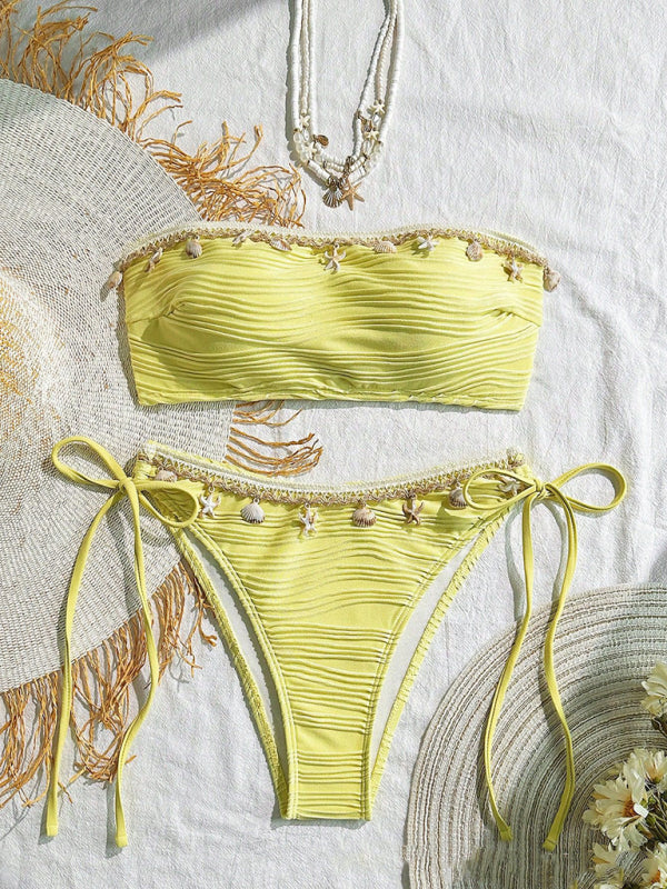Yellow textured bandeau bikini with shell trim and high elasticity featured in Sexy Starfish Swimsuit