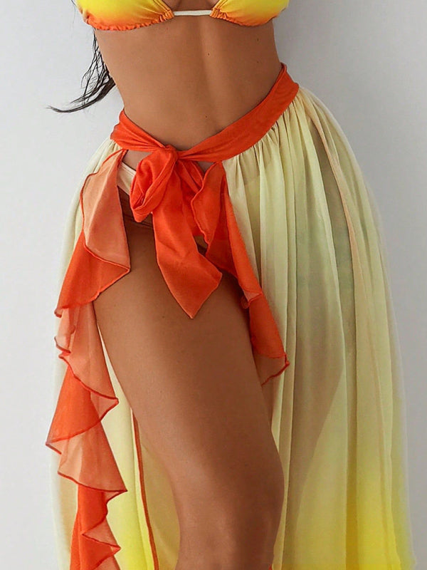 Ombre sunset red bikini with ruffled hem and matching sarong for beachwear elegance