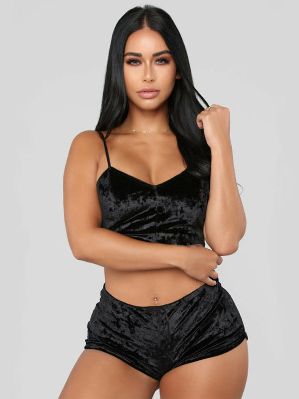 Sexy Velvet V-neck Underwear Two-Piece Set Sexy Lingerie Homewear Set - Black / XS