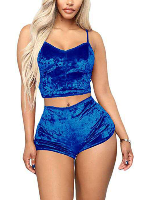Sexy Velvet V-neck Underwear Two-Piece Set Sexy Lingerie Homewear Set - Blue / XS