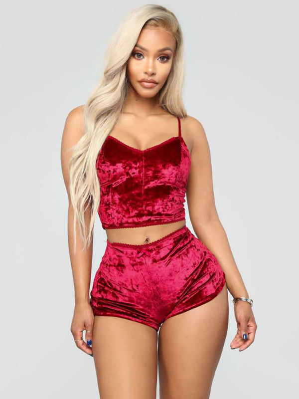 Sexy Velvet V-neck Underwear Two-Piece Set Sexy Lingerie Homewear Set - Wine Red / XS