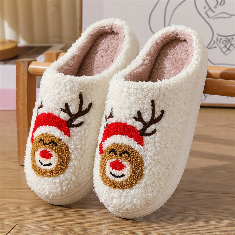 Pantoufles d'intérieur en coton, mignonnes et chaudes, avec un joli motif de cerf de Noël. 