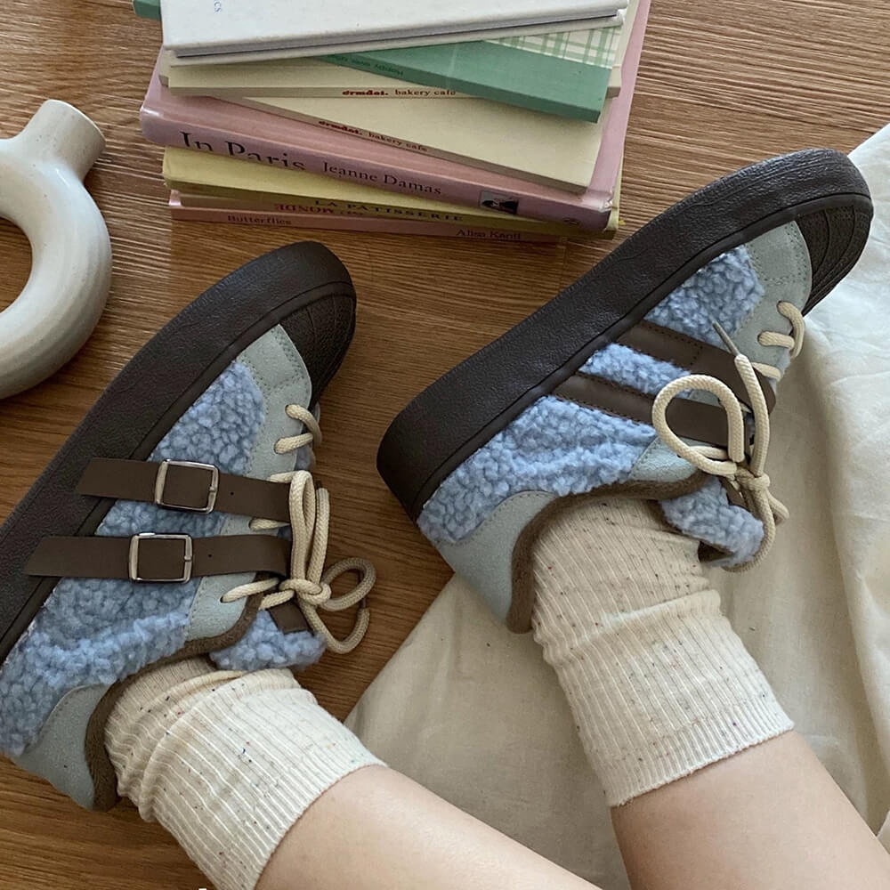 SHEARLING SNEAKERS WITH LEATHER BUCKLE STRAPS: AZURE BROWN