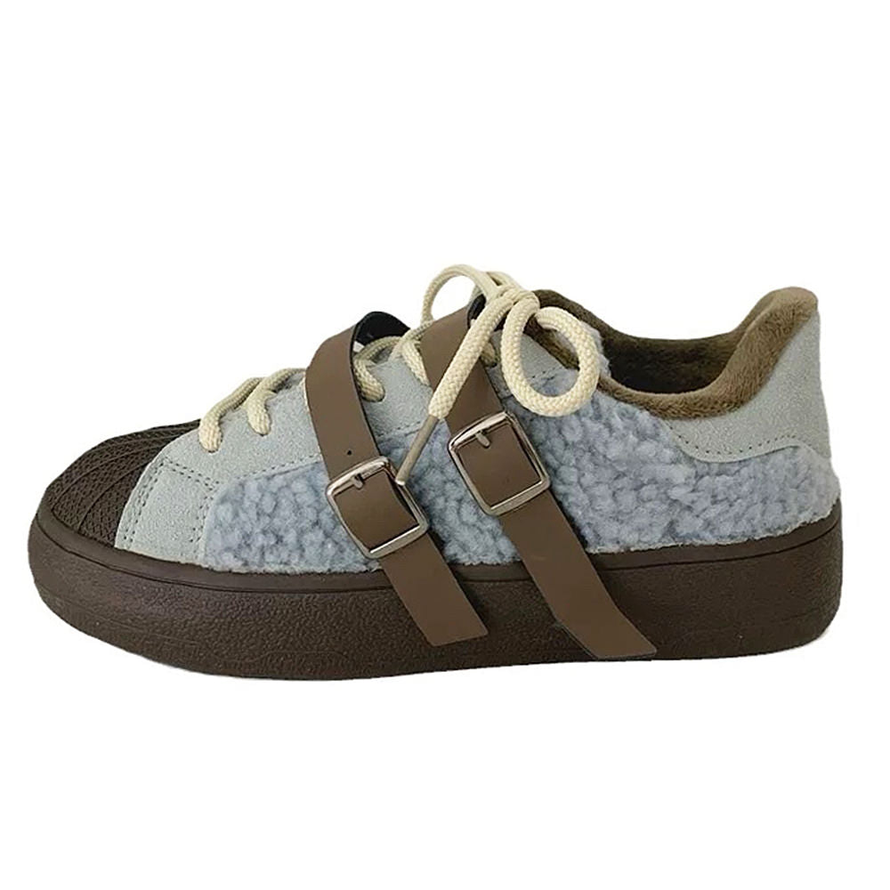 SHEARLING SNEAKERS WITH LEATHER BUCKLE STRAPS: AZURE BROWN