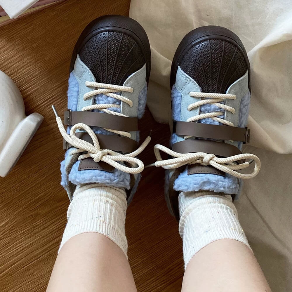 SHEARLING SNEAKERS WITH LEATHER BUCKLE STRAPS: AZURE BROWN