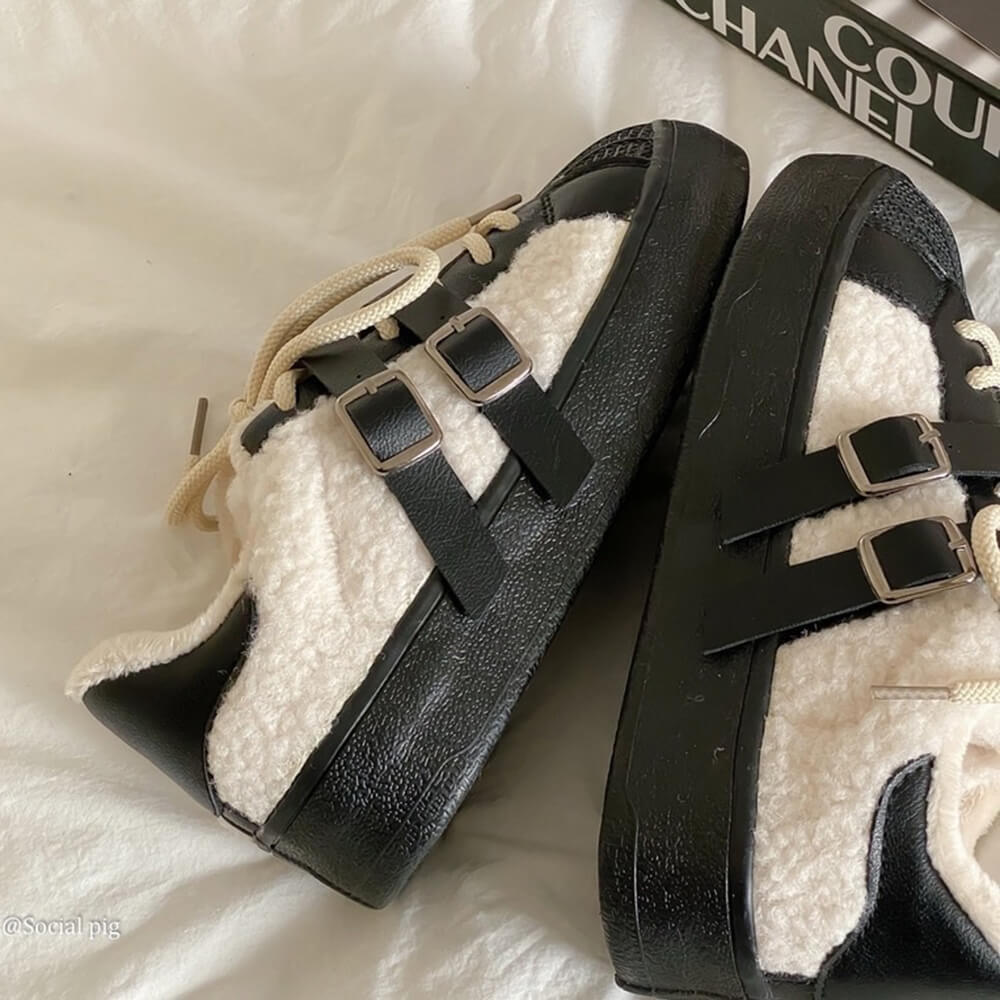 SHEARLING SNEAKERS WITH LEATHER BUCKLE STRAPS: AZURE BROWN