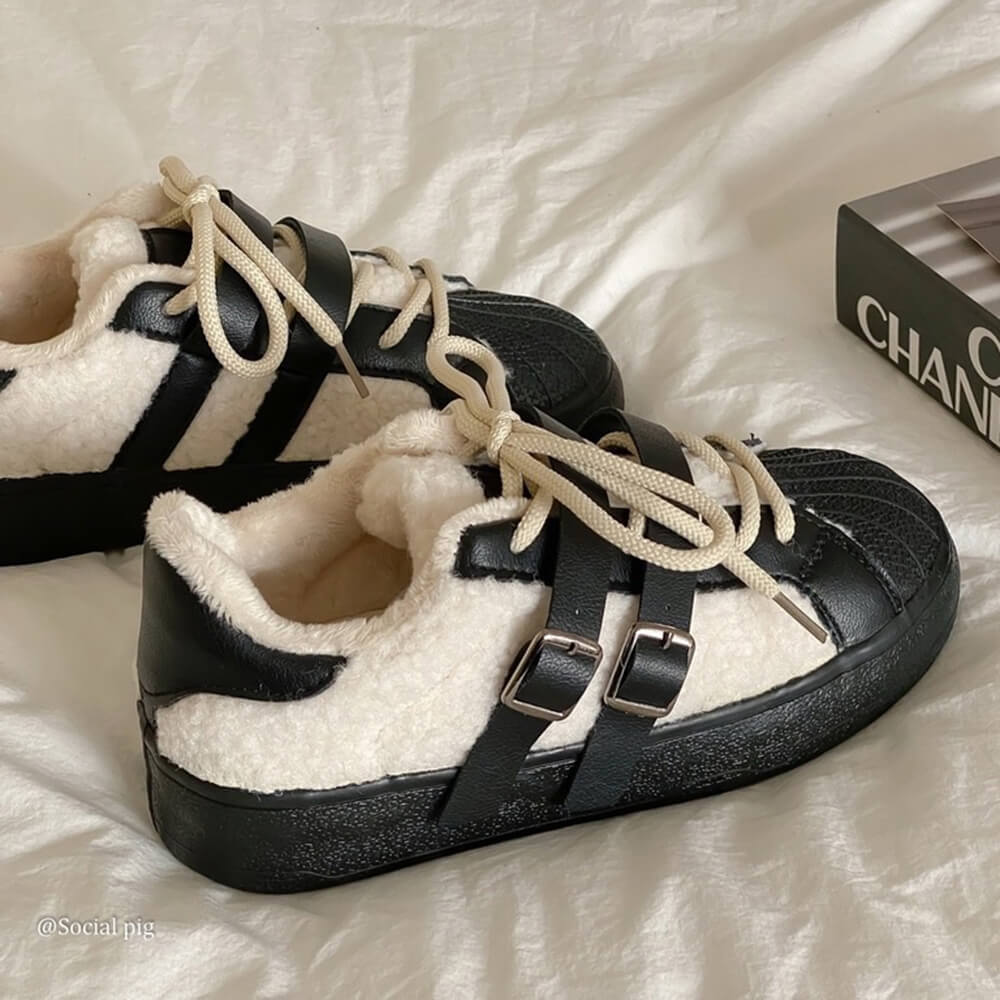 SHEARLING SNEAKERS WITH LEATHER BUCKLE STRAPS: AZURE BROWN