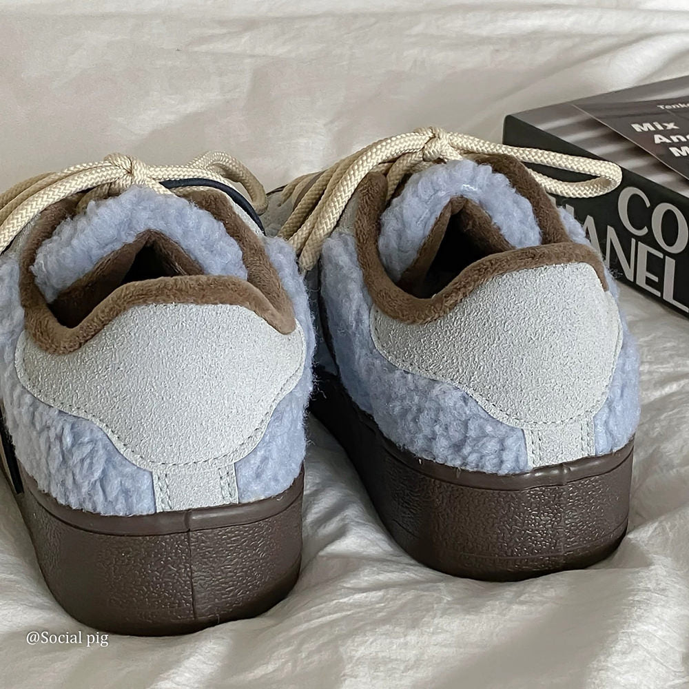 SHEARLING SNEAKERS WITH LEATHER BUCKLE STRAPS: AZURE BROWN