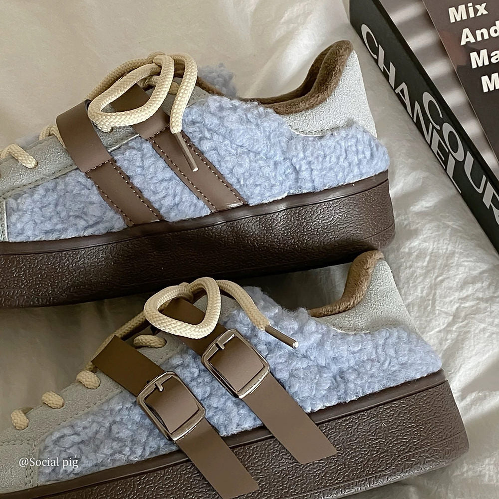 SHEARLING SNEAKERS WITH LEATHER BUCKLE STRAPS: AZURE BROWN