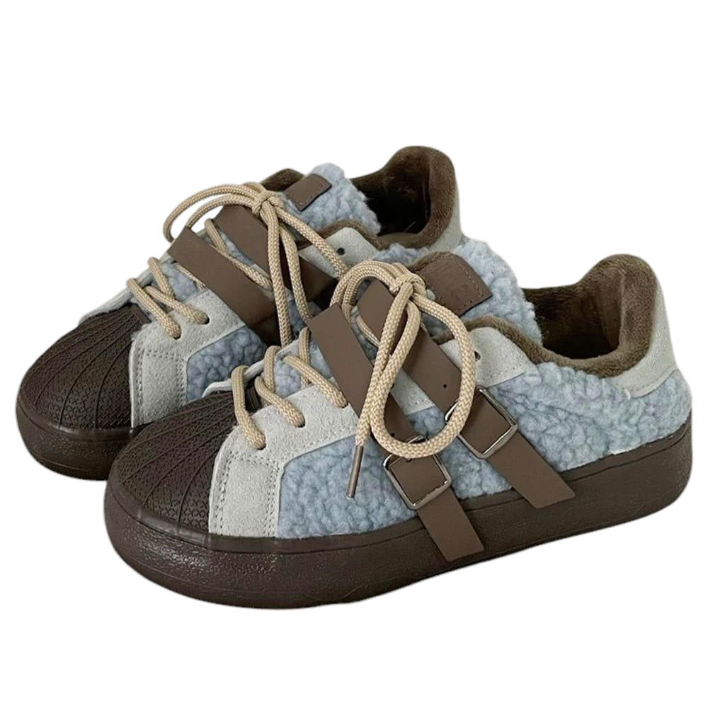 SHEARLING SNEAKERS WITH LEATHER BUCKLE STRAPS: AZURE BROWN