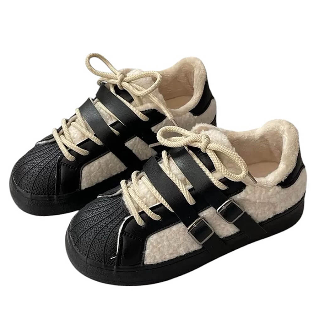 SHEARLING SNEAKERS WITH LEATHER BUCKLE STRAPS: AZURE BROWN