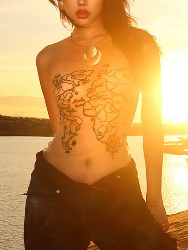 SHEER TOP WITH WORLD MAP DESIGN - VINTAGE BLACK BANDEAU