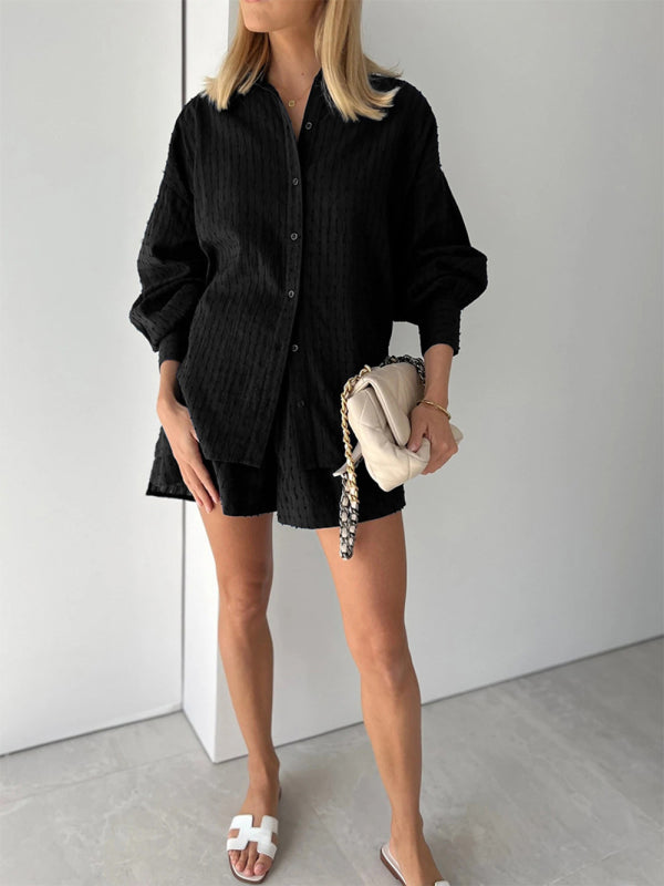 Shirt Jacquard Puff Sleeve Top Shorts Commuter Casual Suit - Black / S