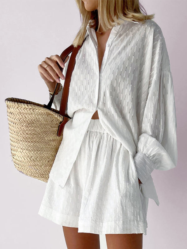Shirt Jacquard Puff Sleeve Top Shorts Commuter Casual Suit - White / S