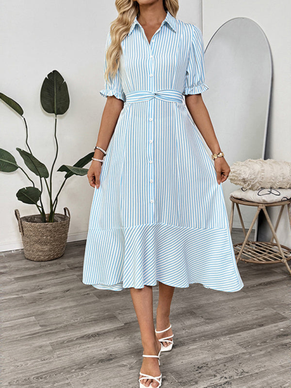 Striped button-down midi dress with puff sleeves and lapel collar for elegant style