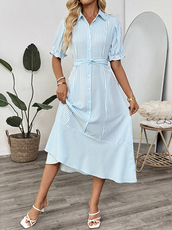 Striped button-down midi dress with puff sleeves and shirt-style lapel design
