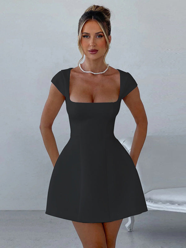 Short Sleeve Square Neck Vest A-Line Dress - Black / XS