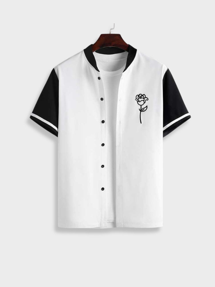 SHORT-SLEEVED BUTTON-DOWN SHIRT WITH ROSE DESIGN - STYLISH STREETWEAR