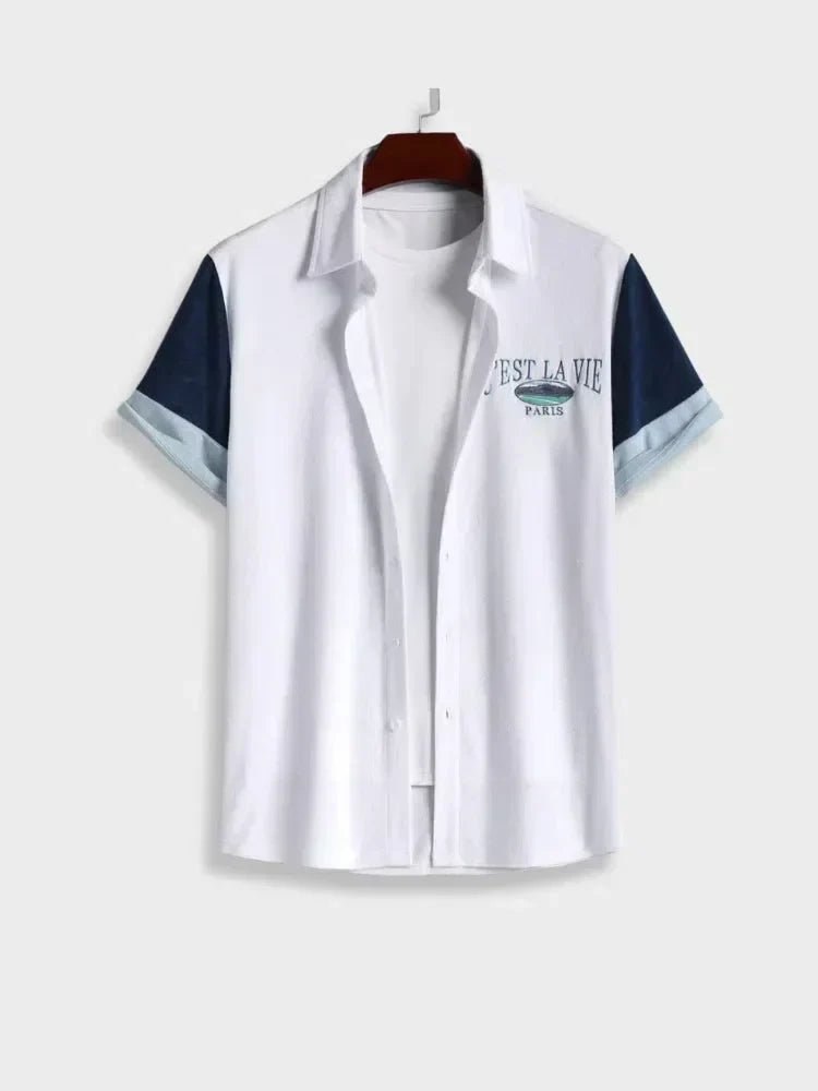 SHORT-SLEEVED PARIS TOWELING SHIRT WITH NAVY BLUE SLEEVES