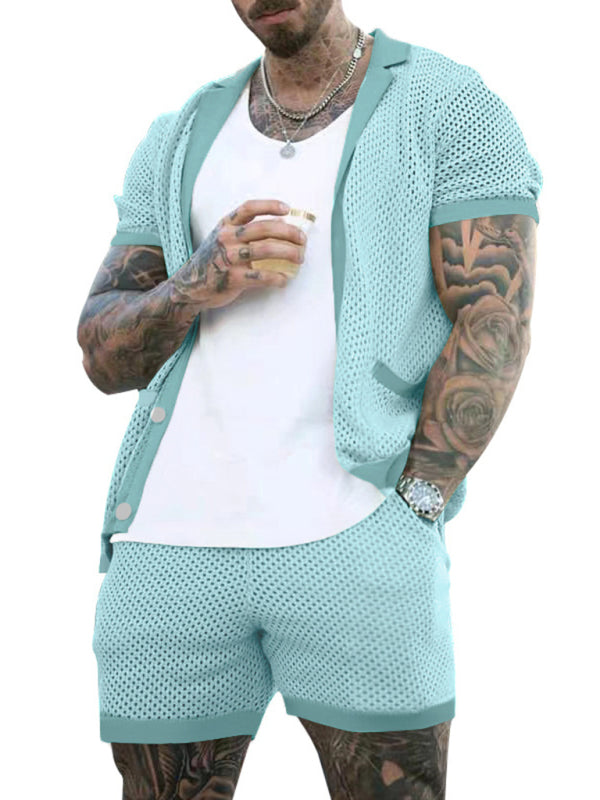 Short-sleeved shorts Knit lapel cardigan Short-sleeved men’s suit - Acid blue / M