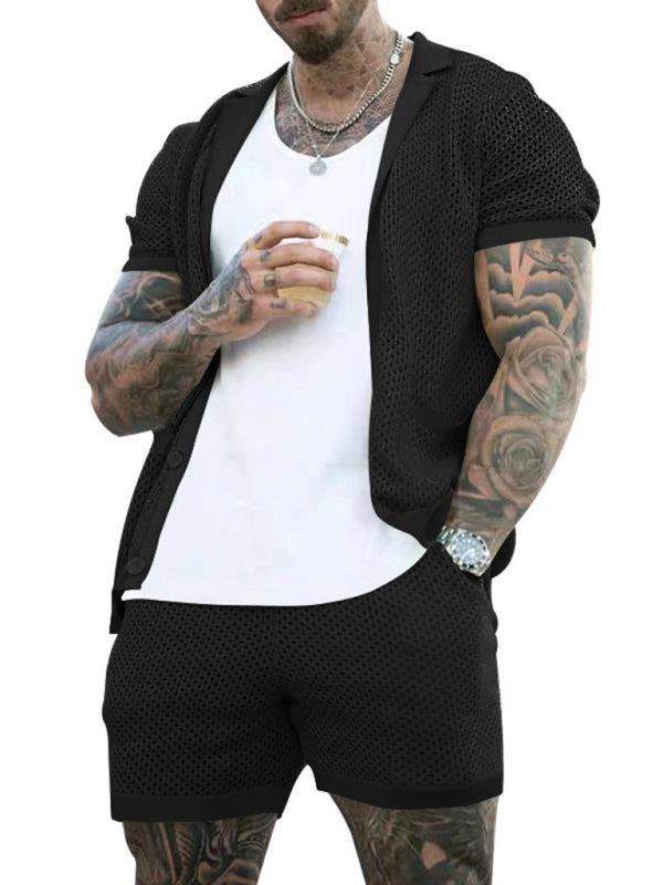 Short-sleeved shorts Knit lapel cardigan Short-sleeved men’s suit - Black / M