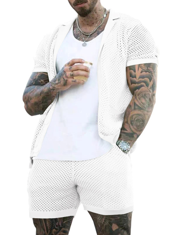 Short-sleeved shorts Knit lapel cardigan Short-sleeved men’s suit - White / M