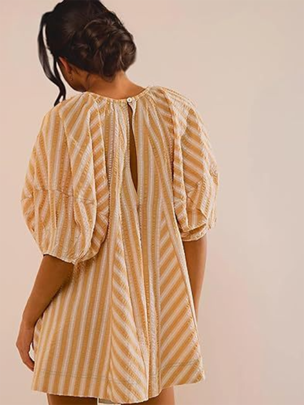 Short-sleeved striped jumpsuit slim and casual loose deep V wide-leg short jumpsuit