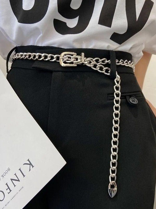 SILVER CHAIN BELT WITH GEOMETRIC ALLOY DESIGN Y2K STYLE