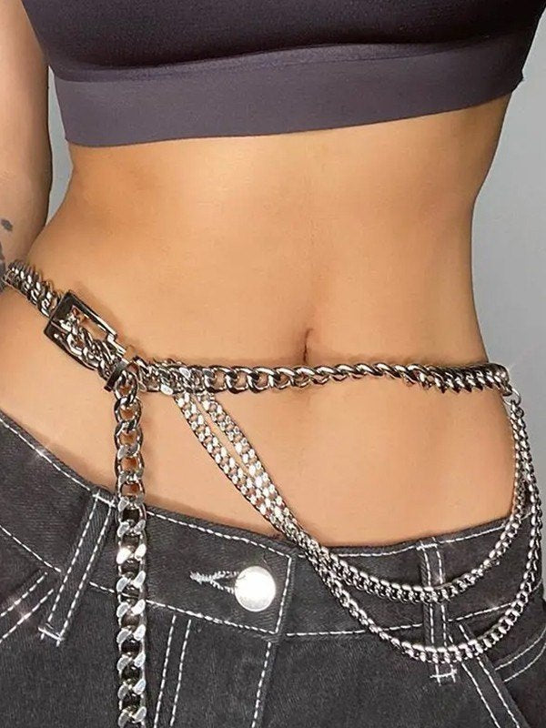 SILVER CHAIN BELT WITH GEOMETRIC ALLOY DESIGN Y2K STYLE