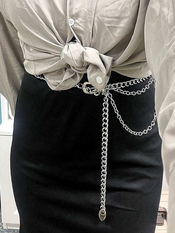 SILVER CHAIN BELT WITH GEOMETRIC ALLOY DESIGN Y2K STYLE