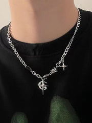 SILVER CHAIN NECKLACE WITH CHARMS STAR ALLOY ACCESSORY