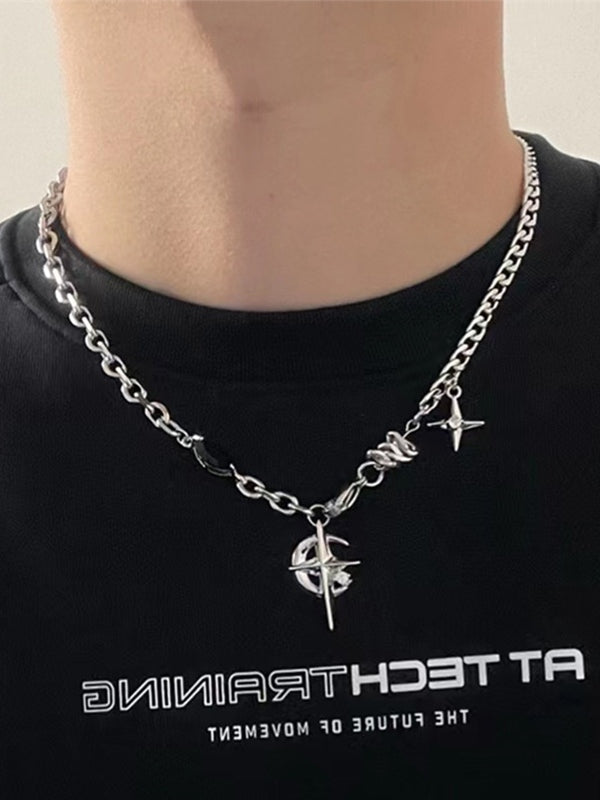 SILVER CHAIN NECKLACE WITH CHARMS STAR ALLOY ACCESSORY