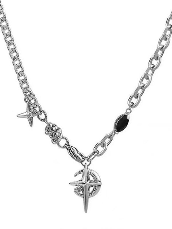 SILVER CHAIN NECKLACE WITH CHARMS STAR ALLOY ACCESSORY
