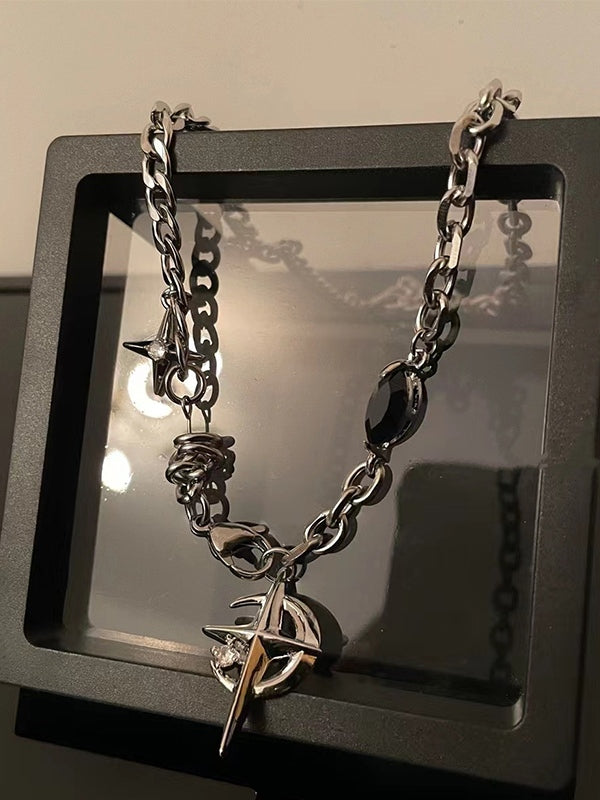 SILVER CHAIN NECKLACE WITH CHARMS STAR ALLOY ACCESSORY