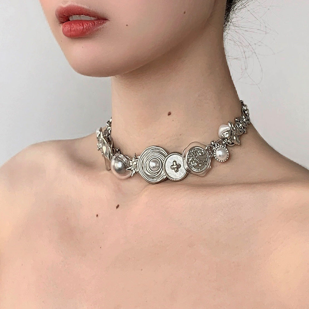 SILVER CHARM CHOKER: ELEGANT TEXTURED LINKS
