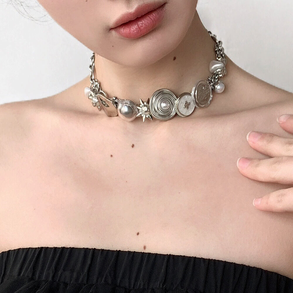 SILVER CHARM CHOKER: ELEGANT TEXTURED LINKS