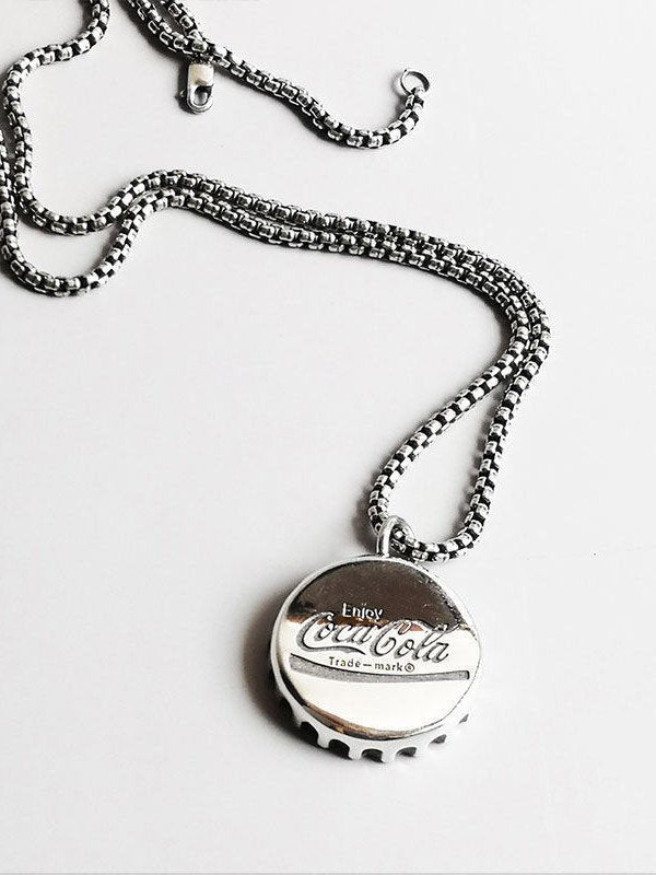 SILVER COCA-COLA BOTTLE CAP PENDANT NECKLACE WITH UNIQUE DESIGN