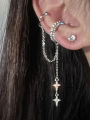 SILVER EAR CUFF WITH STAR CHARMS AND Y2K STAR PENDANT ACCENT