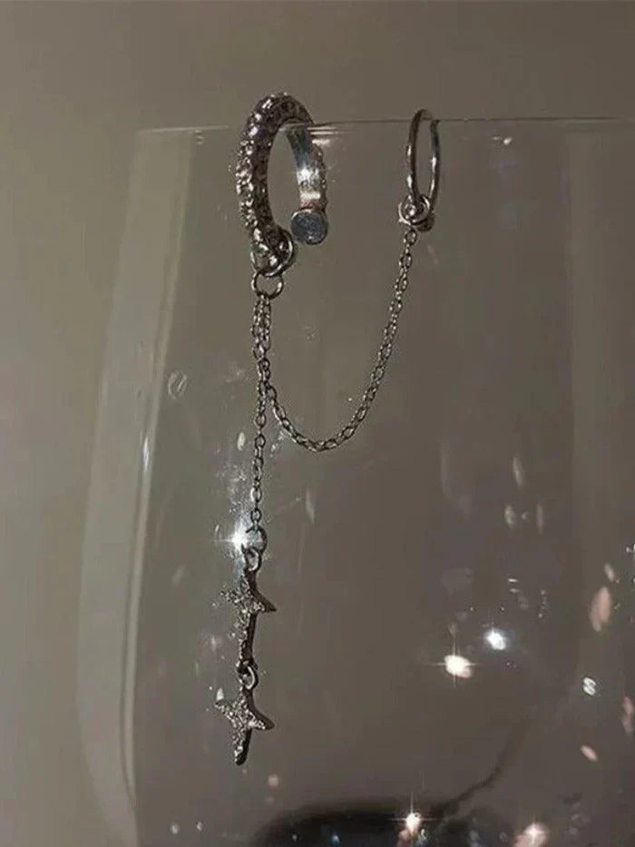 SILVER EAR CUFF WITH STAR CHARMS AND Y2K STAR PENDANT ACCENT
