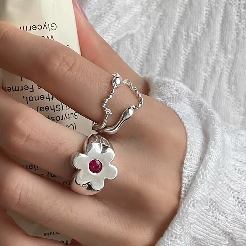 SILVER FLOWER RING PINK GEM INDIE FLOWER