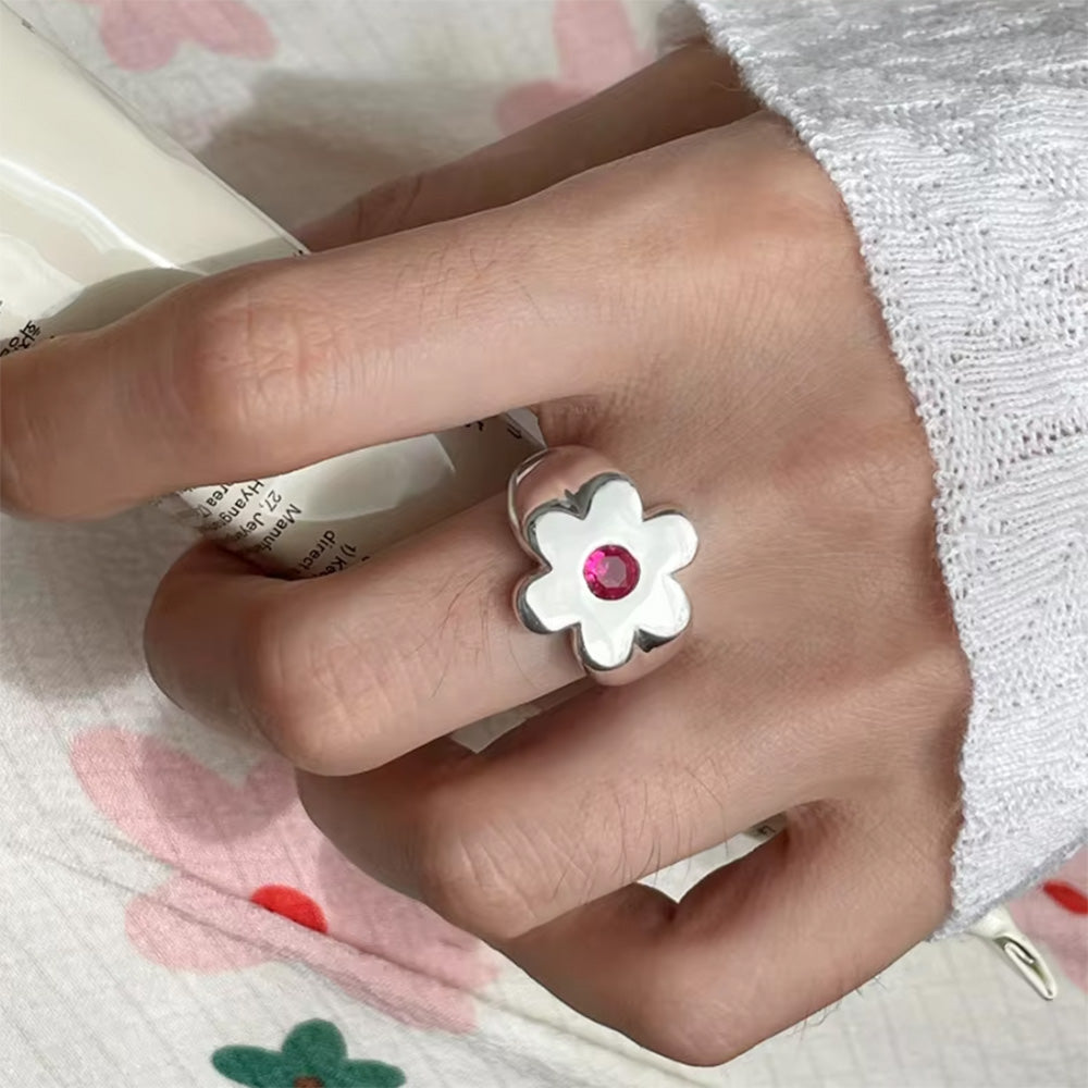 SILVER FLOWER RING PINK GEM INDIE FLOWER