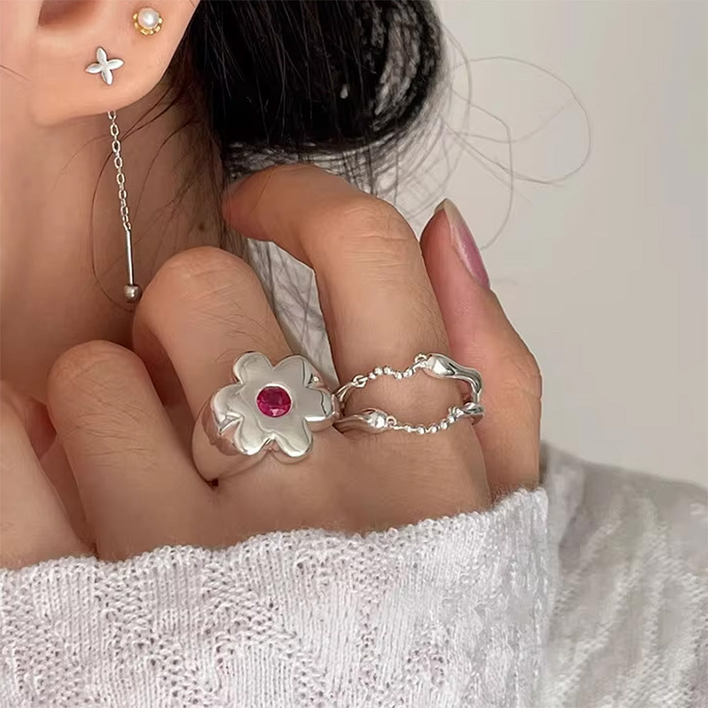 SILVER FLOWER RING PINK GEM INDIE FLOWER