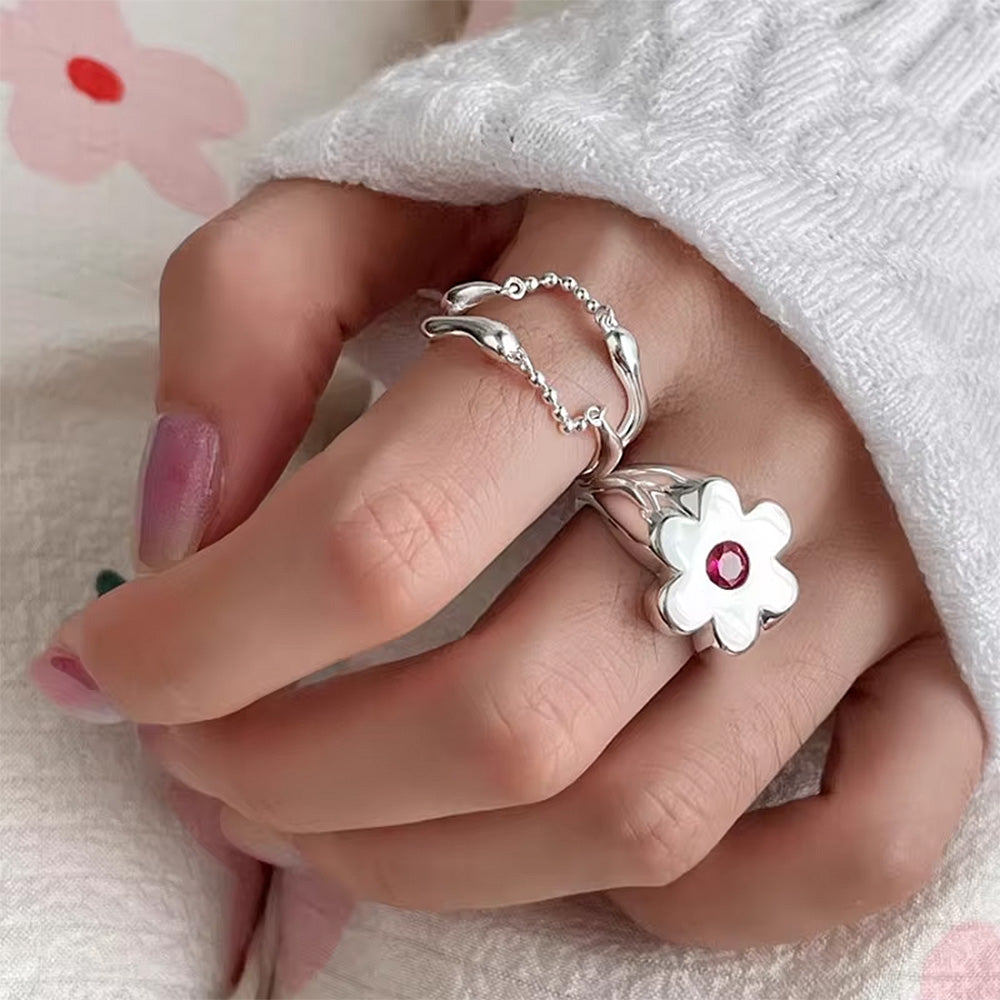 SILVER FLOWER RING PINK GEM INDIE FLOWER