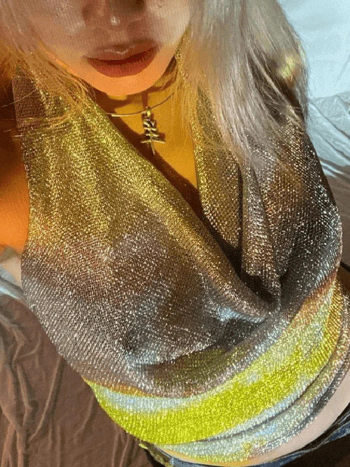 SILVER HALTER TOP WITH SPARKLE – SILVER PUNK METALLIC TANK