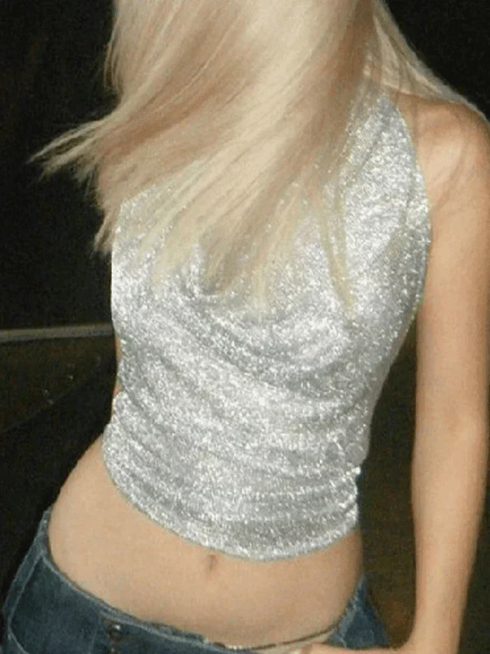 SILVER HALTER TOP WITH SPARKLE – SILVER PUNK METALLIC TANK