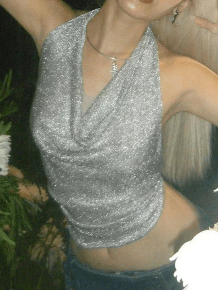 SILVER HALTER TOP WITH SPARKLE – SILVER PUNK METALLIC TANK